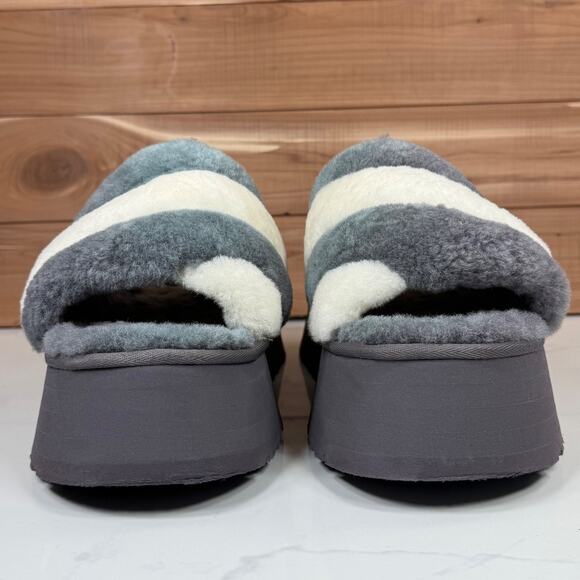 UGG Disco Stripe Slide Platform Sandals Gray White Fur Women Size 12 - Picture 9 of 12